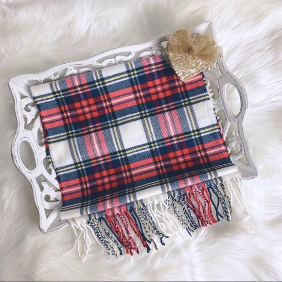 100% Cashmere Red Blue Plaid Scarf - Picture 1 of 7